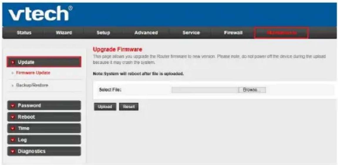 vrtech® Status Wizard Setup Advanced Service Firewall MaintainTo Upgrade Firmware This page allows you upgrade the Router firmware to new version. Please note, do not power off the device during the upload because it may crash the system. Note: System will reboot after file is uploaded. Select File: Browse... Upload Reset