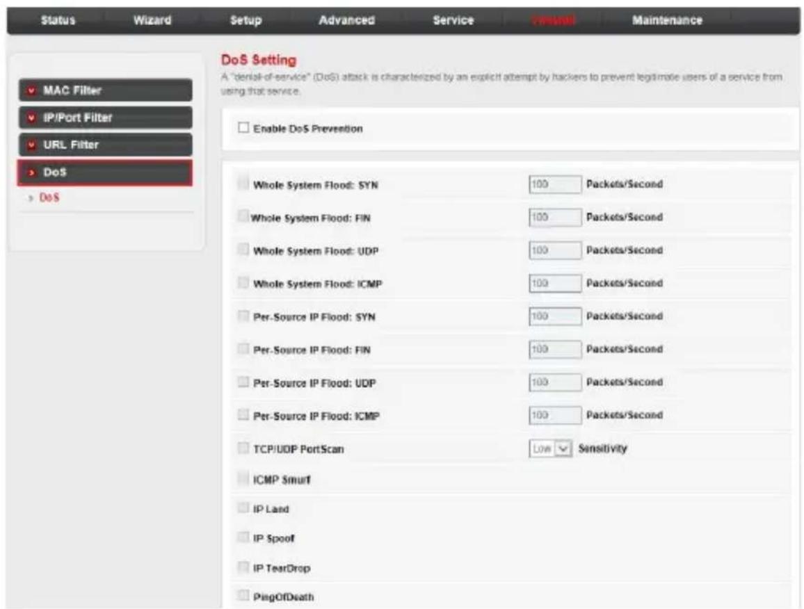 Status Wizard Setup Advanced Service Manual Maintenance DoS Setting A "denlak-of-service" (DoS) attack is characterized by an explicit attempt by hackers to prevent legitimate users of a service from using that service. MAC Filter IP/Port Filter URL Filter DoS DoS Enable DoS Prevention Whole System Flood: SYN 100 Packets/Second Whole System Flood: FIN 100 Packets/Second Whole System Flood: UDP 100 Packets/Second Whole System Flood: ICMP 100 Packets/Second Per-Source IP Flood: SYN 100 Packets/Second Per-Source IP Flood: FIN 100 Packets/Second Per-Source IP Flood: UDP 100 Packets/Second Per-Source IP Flood: ICMP 100 Packets/Second TCP/UDP PortScan Low Sensitivity ICMP Smurf IP Land IP Spoof IP TearDrop PingOfDeath