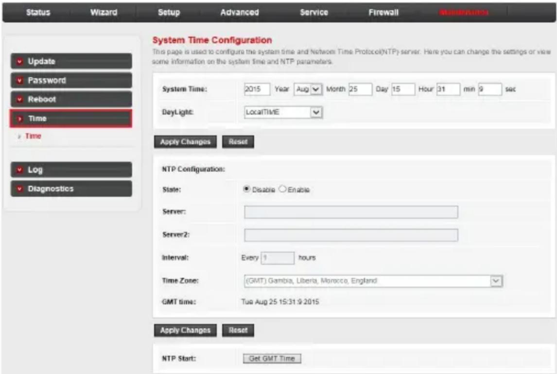 Status Wizard Setup Advanced Service Firewall MODIFICATIONS System Time Configuration This page is used to configure the system time and Network Time Protocol(NTP)-server. Here you can change the settings or view some information on the system time and NTP parameters. System Time: 2015 Year Aug Month 25 Day 15 Hour 31 min 9 sec DayLight: LocalTIME Apply Changes Reset NTP Configuration: State: Disable Enable Server: Server2: Interval: Every 1 hours Time Zone: (GMT) Gambia, Liberia, Morocco, England GMT time: Tue Aug 25 15:31 9:2015 Apply Changes Reset NTP Start: Get GMT Time