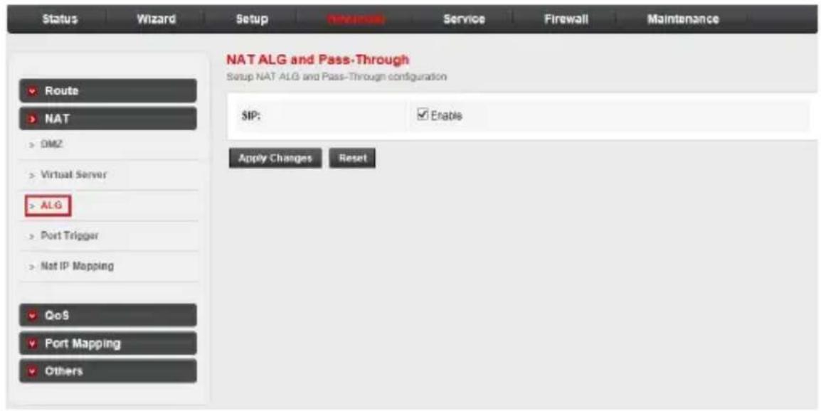 Status Wizard Setup Maintenance Service Firewall Maintenance NAT ALG and Pass-Through Setup NAT ALG and Pass-Through configuration Route NAT > DMZ > Virtual Server > ALG > Port Trigger > Nat IP Mapping QoS > Port Mapping Others SIP: Enable Apply Changes Reset