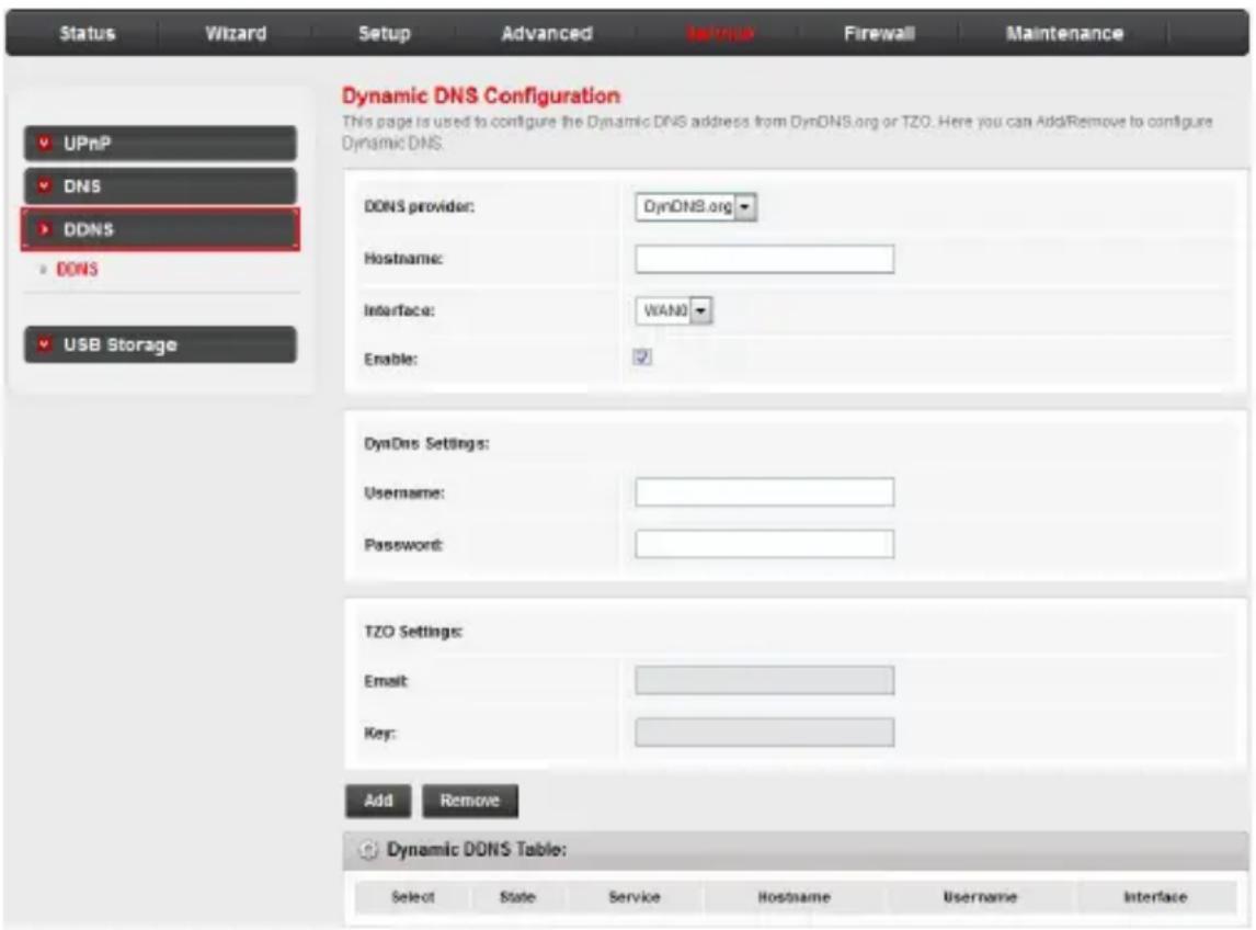 Status Wizard Setup Advanced Firewall Firewall Maintenance Dynamic DNS Configuration This page is used to configure the Dynamic DNS address from DynDNS.org or TZO. Here you can AddRemove to configure Dynamic DNS. UPnP DNS DDNS DDNS USB Storage DONS provider: DynDNS.org Hostname: Interface: VIA NO Enable: DynDNS Settings: Username: Password: TZO Settings: Email: Key: Add Remove Dynamic DON'S Table: Select State Service Hostname Username Interface