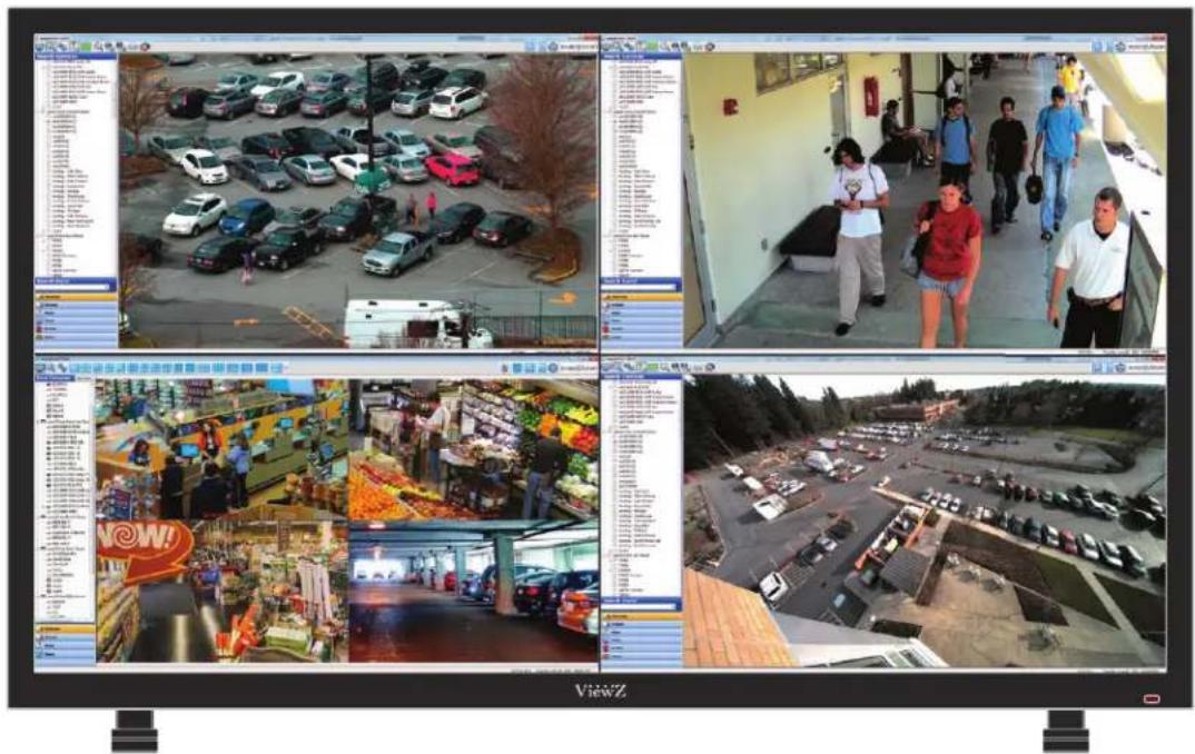 Screenshot of a surveillance system interface displaying multiple surveillance feeds including parking, traffic, and retail scenes with Chinese text descriptions.