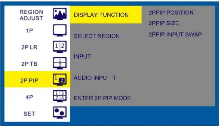 REGION ADJUST 1P 2P LR 2P TB 2P PIP 4P SET DISPLAY FUNCTION SELECT REGION INPUT AUDIO INPU T ENTER 2P PIP MODE 2PPIP POSITION 2PPIP SIZE 2PPIP INPUT SWAP