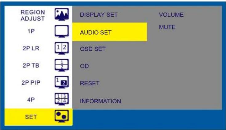 REGION ADJUST 1P 2P LR 2P TB 2P PIP 4P SET DISPLAY SET AUDIO SET OSD SET OD RESET INFORMATION VOLUME MUTE