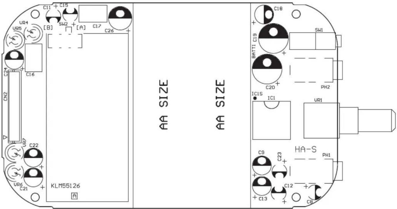 C11 + C15 UR4 UR5 [C B] SW2 + [A] C17 C26 + CN2 C24 CN1 C22 UR7 UR6 C21 + KLM55126 AA SIZE AA SIZE C18 + SWI BATTI C19 + C20 + PH2 IC1S IC1 UR1 C9 C23 + HA-S + C12 + PH1 + C13 + CB
