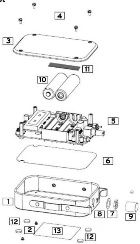 Exploded view diagram of a device with numbered parts for identification