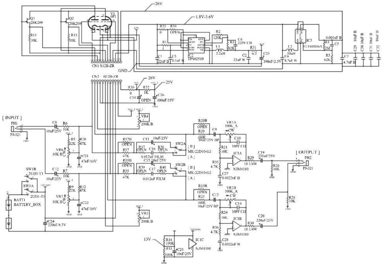 Q1 2SK209 R11 10K Q2 2SK209 R13 10K V1 SP1 CN1 S12B-ZR GND 26V 1.8V-3.6V R33 0 R34 OPEN C1 C3 22uF B C3 0.1uF B IC2 TPS62510 R2 120k R3 62K C4 2219F CH R31 0.2 C25 22uF B C26 100uF/35V L2 10uH Co IC3 11.761046A R4 2M C5 0.001uF B R5 62K C7 4.7uF B C29 10uF B C30 10uF B C31 10uF B C32 100uF B [ INPUT ] PH1 PJ-321 CN2 H12H/R CN1 S12B-ZR R16 0 R32 1K C18 OPEN VR4 200K B R17B OPEN R17 R37 OPEN C16 R38 OPEN SW2A 47K R15B OPEN R15 R39 OPEN C17 R40 OPEN SW2B 47K R20B OPEN R20 C9 VR1A 100K_A CW 100k/25V BP C10 10PF C1I IC1A 4.7K R35 10kW NJM4580 C27 0.0022oF B R29 10 1/4W C19 220uF/25V R26 10K OXD [ OUTPUT ] PH2 PJ-321 SWIB 2UDI-TI SWIA 2UDI-TI BATT1 BATTERY_BOX C8 R6 10kV/25V VCC 2 R8 47K R10 47K VR6 10K B C21 47eF/16V C12 R7 10kV/25V VCC 2 R9 47K R12 47K VR7 10K B C22 47eF/16V C24 220uF/6.3V VCC 5 VR5 200K B VCC 5 R14 100K AC 47k C23 10uF/25V IC1C NJM4580 R36 4.7K C28 0.0022oF B R30 10 1/4W NJM4580 C20 220uF/25V R36 4.7K C28 0.0022oF B R36 4.7K C28 0.0022oF B R36 4.7K C28 0.0022oF B R36 4.7K C28 0.0022oF B R36 4.7K C28 0.0022oF B R36 4.7K C28 0.0