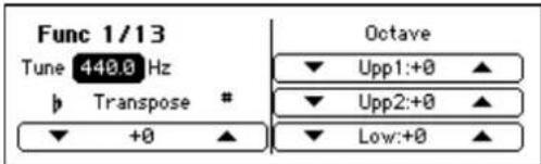 Func 1/13 Tune 440.0 Hz b Transpose # +0 ▲ Octave ▼ Upp1:+0 ▲ ▼ Upp2:+0 ▲ ▼ Low:+0 ▲