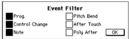 Event Filter ■ Prog. □ Pitch Bend ■ Control Change □ After Touch ■ Note □ Poly After OK