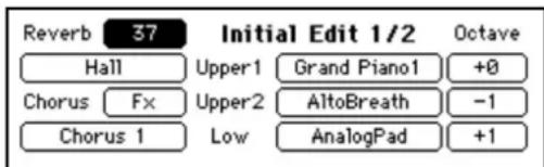 Reverb 37 Initial Edit 1/2 Octave Hall Upper1 Grand Piano1 +0 Chorus Fx Upper2 AltoBreath -1 Chorus 1 Low AnalogPad +1