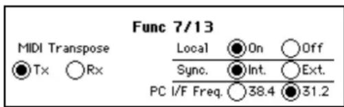 Func 7/13 MIDI Transpose ●Tx ○Rx Local ●On ○Off Sync. ●Int. ○Ext. PC I/F Freq. ○38.4 ●31.2