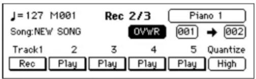 J=127 M001 Rec 2/3 Piano 1 Song:NEW SONG OVWR 001 → 002 Track1 2 3 4 5 Quantize Rec Play Play Play Play High