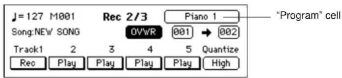 J=127 M001 Rec 2/3 Piano 1 Song:NEW SONG OVWR 001 → 002 Track1 2 3 4 5 Quantize Rec Play Play Play Play High "Program" cell