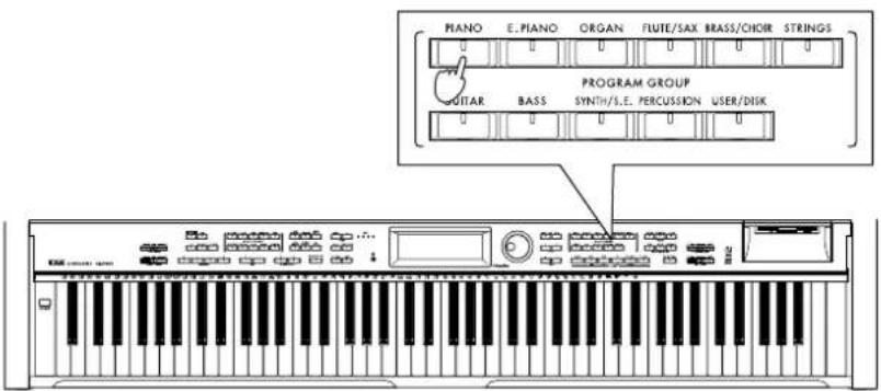 PIANO E.PIANO ORGAN FLUTE/SAX BRASS/CHOR STRINGS PROGRAM GROUP BITAR BASS SYNTH/S.E. PERCUSSION USER/DISK