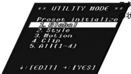 *** UTILITY MODE *** Preset initialize 1. Global 2. Style 3. Motion 4. Clip 5. All(1~4) ↓: [EDIT] →: [YES]