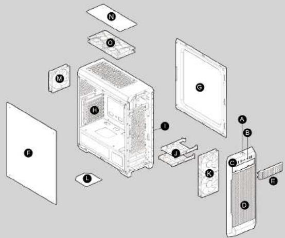 Exploded view diagram of a desktop computer showing internal components like CPU, memory, and screen with labeled parts A through K.