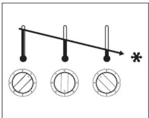 Diagram showing a lever with three circular gauges, each labeled with a number and an asterisk indicating a point or symbol.