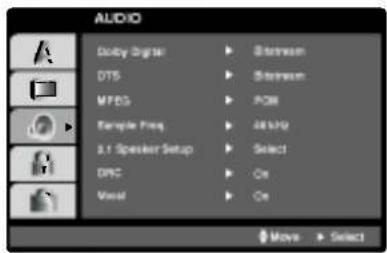 AUDIO Douby Digital DTS MFEG Sample Seq. 3.1 Speaker Setup DPC Vocal Stroman Stroman PCM JL5Hz Select On On Move Select