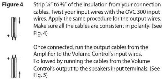 Figure 4 Strip ¼" to ¾" of the insulation from your connection cables. Twist your input wires with the OVC 300 input wires. Apply the same procedure for the output wires. Make sure all the cables are consistent in polarity. (See Fig. 4) Once connected, run the output cables from the Amplifier to the Volume Control's input wires. Followed by running the cables from the Volume Control's output to the speakers input terminals. (See Fig. 5)