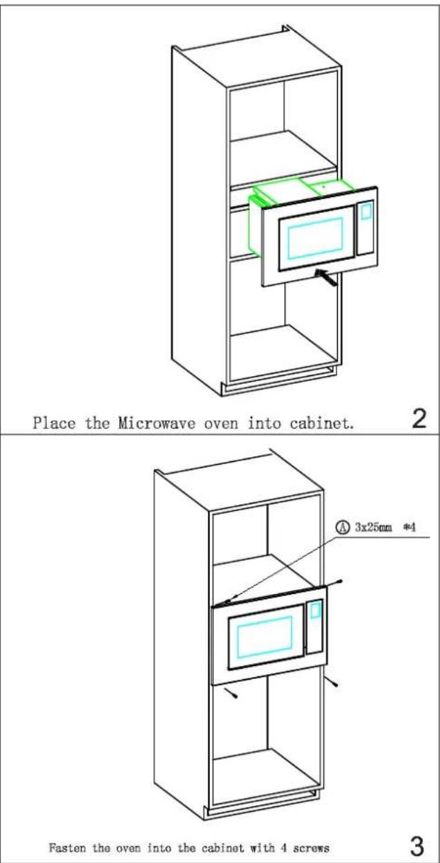 Place the Microwave oven into cabinet. 2 3 A 3x25mm *4 Fasten the oven into the cabinet with 4 screws 3