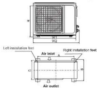 H W2 Left installation feet Air inlet Right installation feet C Air outlet