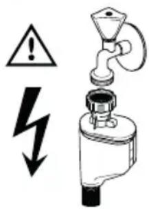 Safety warning symbol and diagram showing a faucet with warning sign and lightning bolt, indicating hazard or hazard.