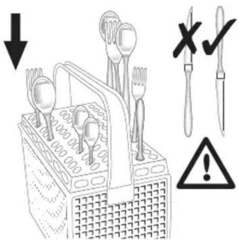 Warning symbol and warning sign for a food safety device, showing a tray with cutlery and tools, a downward arrow, and a warning symbol.