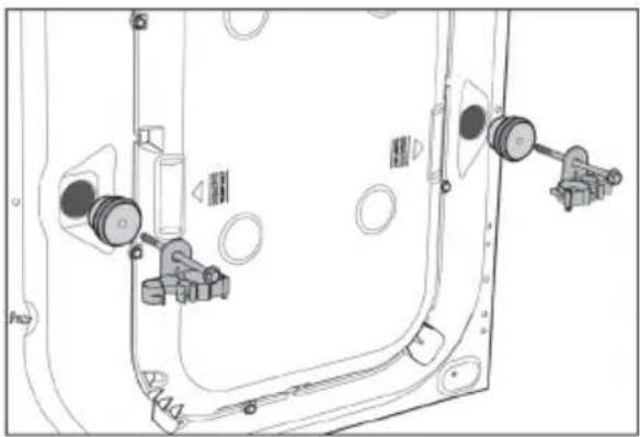 Technical line drawing of a vehicle door frame with mechanical components and mounting holes (no text or symbols)