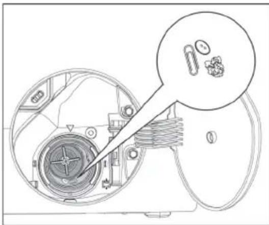 Technical line drawing of a mechanical assembly with internal components and a magnified inset showing internal components (no text or symbols).