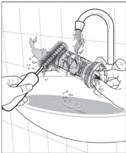 Illustration of hands using a tool to clean or repair a bathroom sink with a showerhead (no text or symbols).