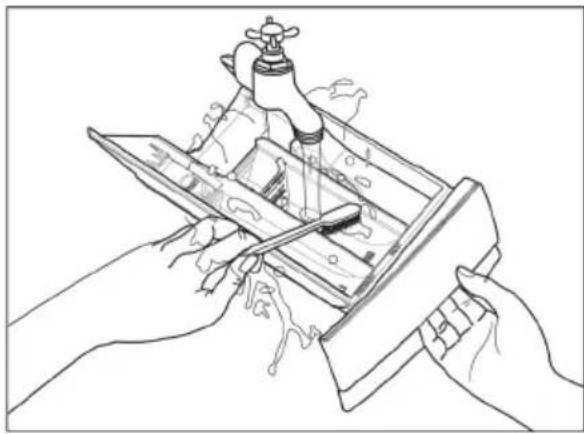 Line drawing of hands holding a tray with a water dispenser and tools, no text or symbols present.