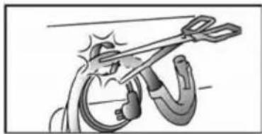 Illustration of a person using a tool to lift a curved object, no text or symbols present