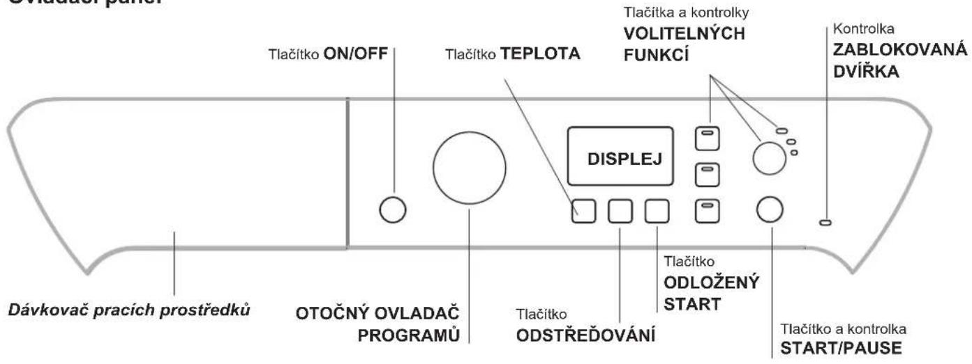 Tlačítko ON/OFF Tlačítko TEPLOTA Tlačítka a kontrolky VOLITELNÝCH FUNKCÍ Kontrolka ZABLOKOVANÁ DVÍŘKA DISPLEJ Tlačítko ODLOŽENÝ START Tlačítko ODSTŘEĎOVÁNÍ Dávkovač pracích prostředků OTOČNÝ OVLADAČ PROGRAMŮ Tlačítko Tlačítko a kontrolka START/PAUSE