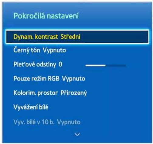 Pokročilá nastavení Dynam. kontrast Střední Černý tón Vypnuto Plet'ové odstiny 0 Pouze režim RGB Vypnuto Kolorim. prostor Přirozený Vyvážení bílé Vyv. bílé v 10 b. Vypnuto