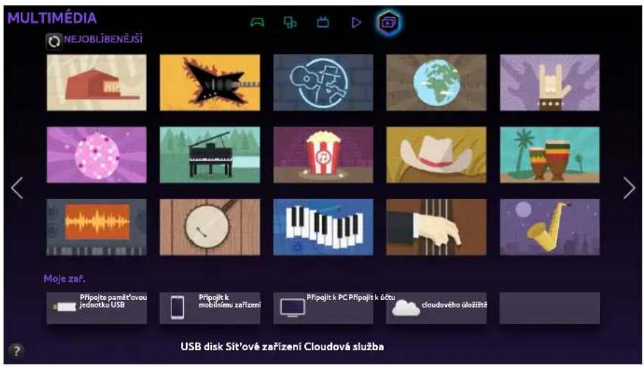 MULTIMÉDIA NEJOBLÍBENĚJŠI Moje zař. Přípojte paměťovou jednotku USB Přípojit k mobilnímu zařízení Přípojit k PC Přípojit k účtu cloudového úložište USB disk Sít'ové zařízení Cloudová služba