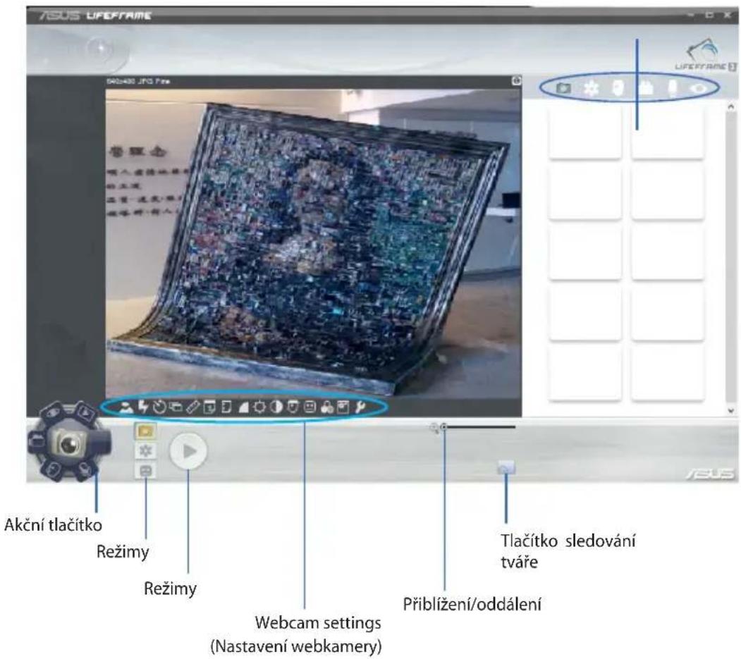 ASUS LIFEFRAME 042480 JPG Fire LIFEFRAME Akční tlačítko Režimy Režimy Webcam settings (Nastavení webkamery) Tlačítko sledování tváře Přiblížení/oddálení ASUS