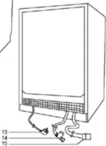 Diagram of a computer monitor with labeled cable connectors and numbered parts