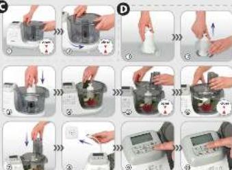 Step-by-step cooking process for a kitchen appliance, showing step-by-step adding, pouring, and adding to a digital timer.