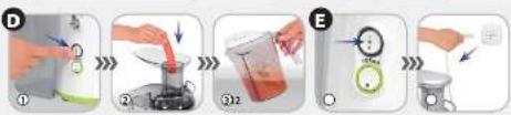 Illustration showing a step-by-step cooking or cleaning procedure with labeled steps and a magnifying glass.