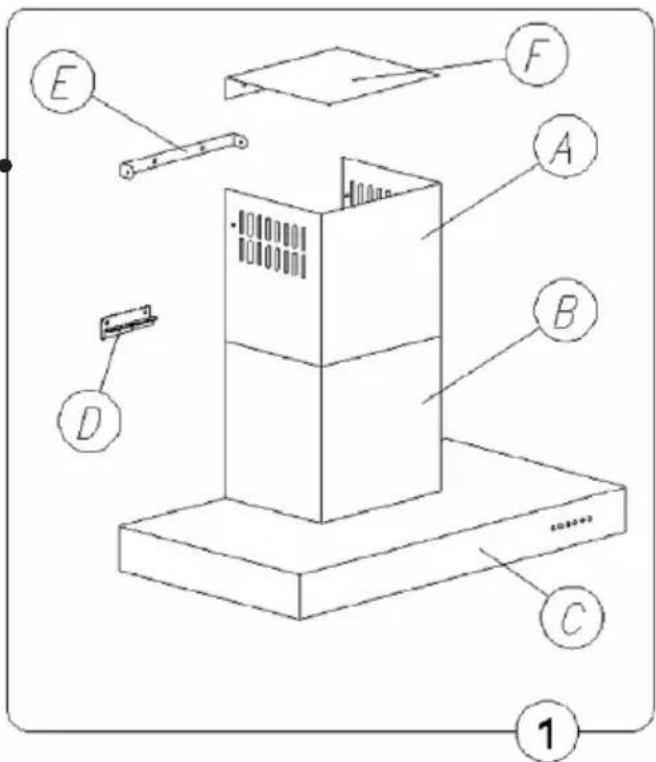 Technical diagram of a multi-tiered industrial or electrical cabinet with labeled components A through F