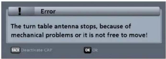 Error The turn table antenna stops, because of mechanical problems or it is not free to move! BACK Deactivate CAP OK Ok