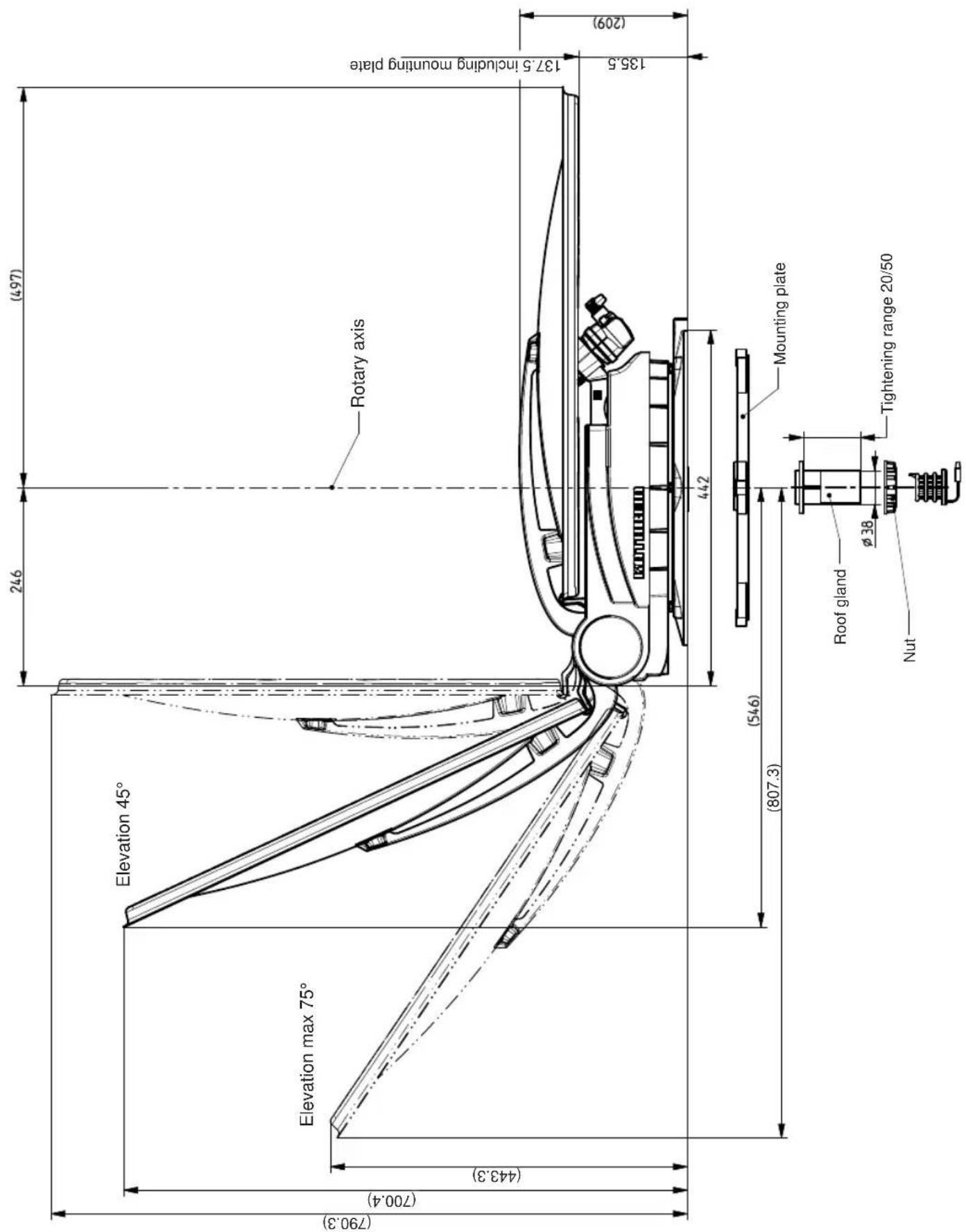 Elevation 45° Elevation max 75° (790.3) (700.4) (443.3) 246 (497) Rotary axis 137.5 including mounting plate 135.5 (209) 442 (546) (807.3) Mounting plate Roof gland Ø 38 Tightening range 20/50 Nut