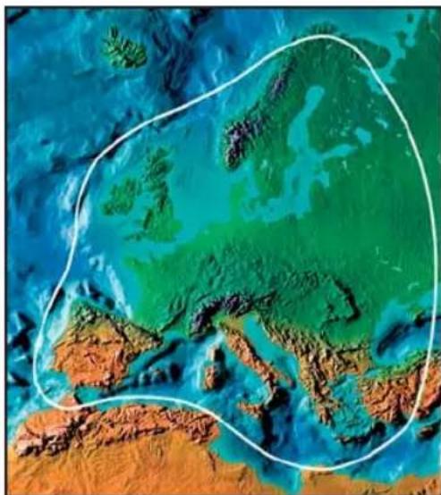 Topographic map view showing Europe and surrounding regions with a white outline highlighting a specific area (no text or labels visible)