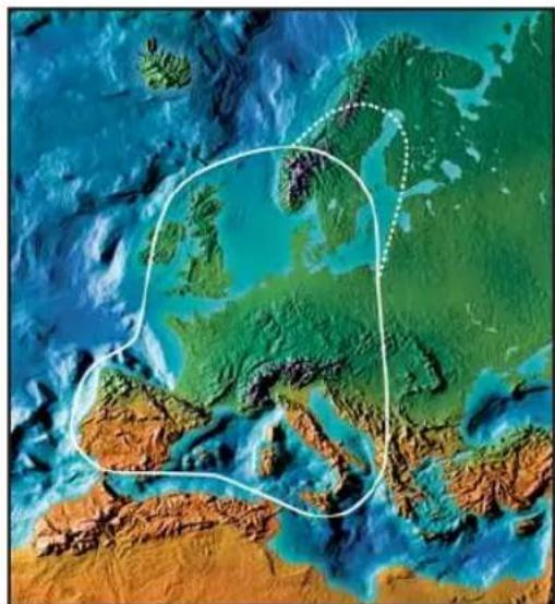 Topographic map of Europe with a highlighted region outlined by a dotted line, showing mountain ranges and coastal waters (no text or labels)