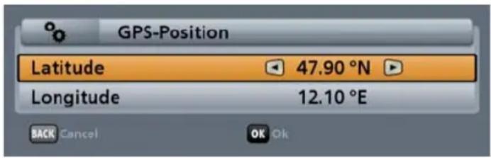 GPS-Position Latitude 47.90°N Longitude 12.10°E BACK Cancel OK Ok