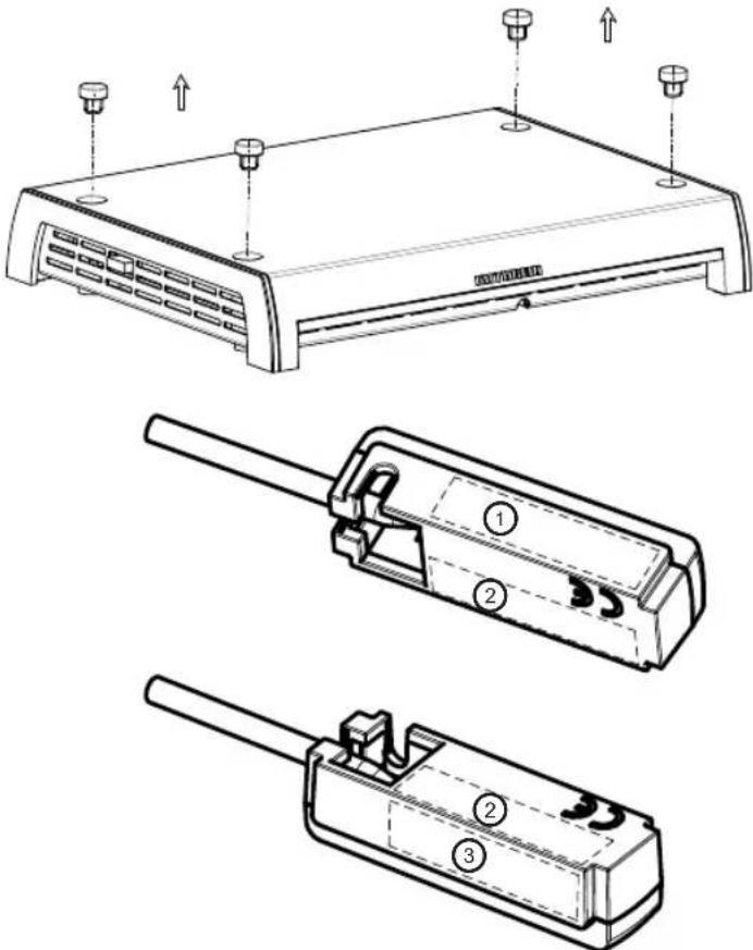 Technical diagram showing exploded view of a device with labeled parts including ports, connectors, and internal components.