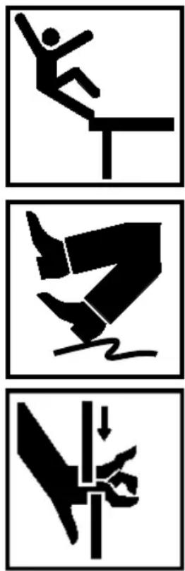 Three black-and-white pictograms showing a person falling into a horizontal barrier, a jump, and a vertical drop with a downward arrow (no text or symbols)