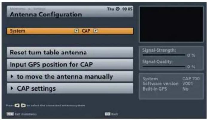 Antenna Configuration System CAP Reset turn table antenna Input GPS position for CAP to move the antenna manually CAP settings Signal-Strength: 0 % Signal-Quality: 0 % System CAP 700 Software version V001 Built-in GPS No Place to select the connected antenna system Exit menu Back