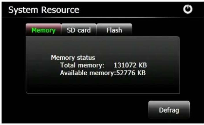System Resource Memory SD card Flash Memory status Total memory: 131072 KB Available memory:52776 KB Defrag