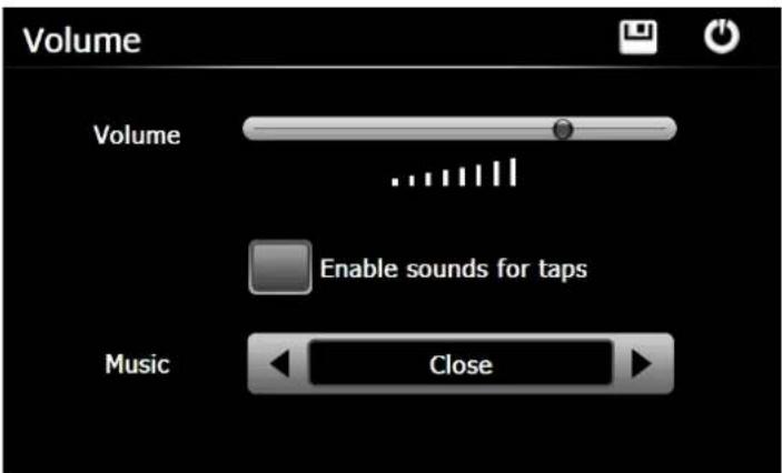 Volume Volume Enable sounds for taps Music Close